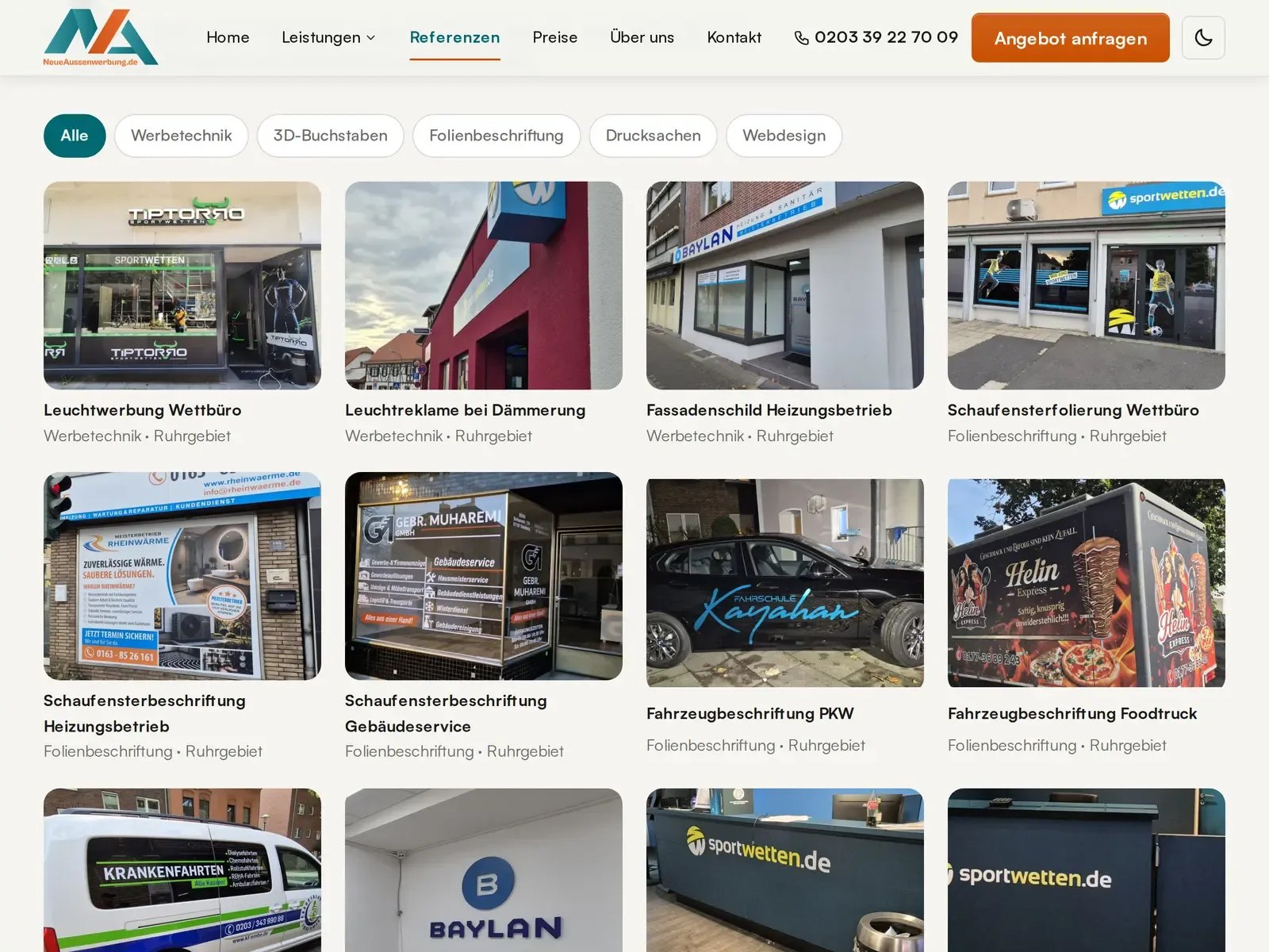 Filterbare Projektgalerie der Website mit Kategorien und Bildkacheln — Webdesign von Neue Außenwerbung