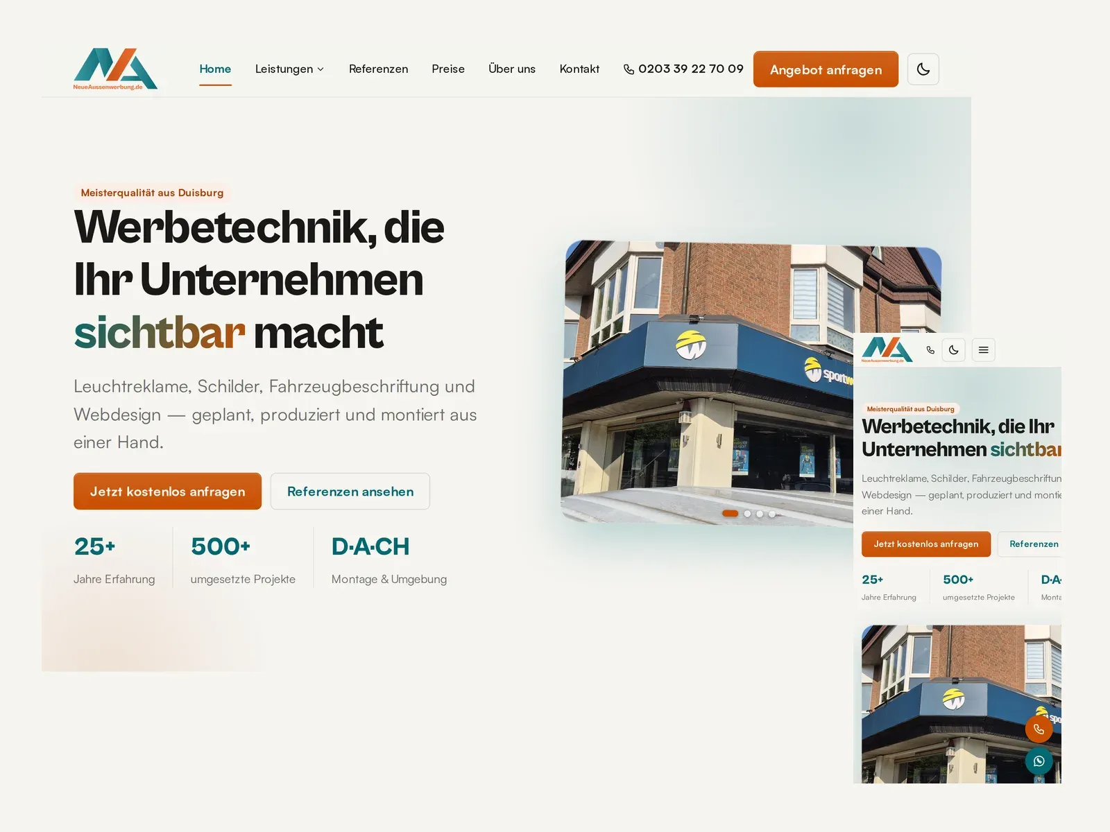 Dieselbe Website auf Bildschirm und Smartphone nebeneinander — responsives Webdesign von Neue Außenwerbung